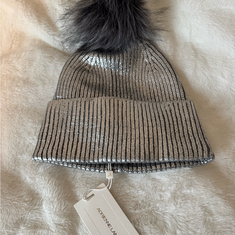 Adrienne Landau Metallic Silver Beanie with Dark Pom Pom